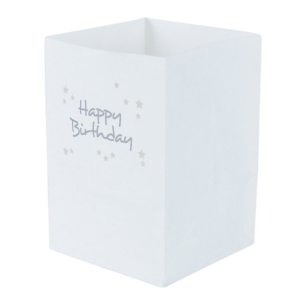 Lichtertüten Happy Birthday mit Sternen, silber, 11x11 cm , Höhe 16 cm, 4 Stück