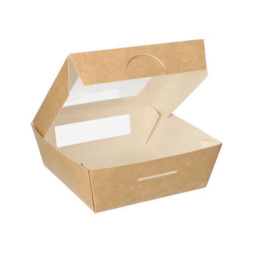 Feinkost-Boxen, Pappe mit Sichtfenster aus PLA "pure" eckig 750 ml 14 x 14 x 5 cm braun 100 Stück